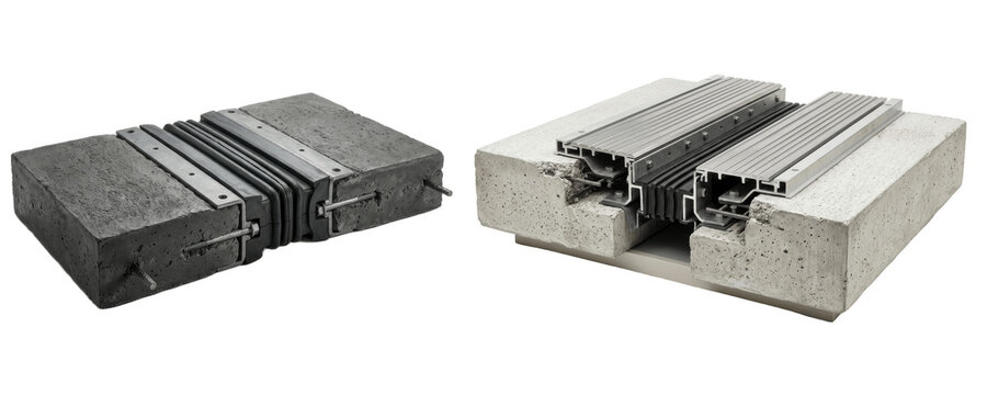 A Set of concrete expansion joint PNG systems, modular floor joint covers in metal and elastomer blocks for structural movement in commercial building design
