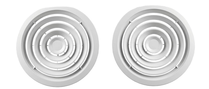 A Set of round ceiling diffuser PNG ventilation grilles, twin white circular air vents isolated for HVAC system catalogs, architectural mockups, 3D design
