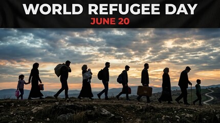 Silhouette of a group of refugees walking across a rugged landscape at sunset under a banner reading refugee day june 20 with dark clouds and golden light in the sky