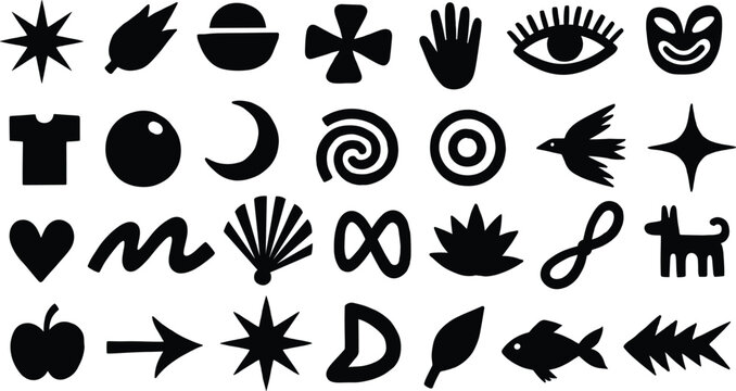 Abstract geometric shapes and brutalist vector silhouettes set with hand eye star and flower elements bundle