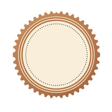 Brown circular badge with scalloped edge and dotted border