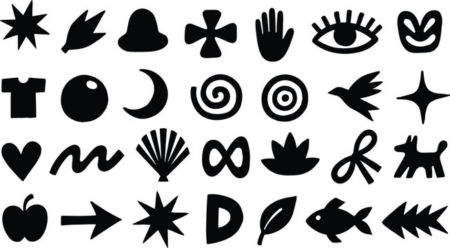 Abstract geometric shapes and brutalist vector silhouettes set with hand eye star and flower elements bundle