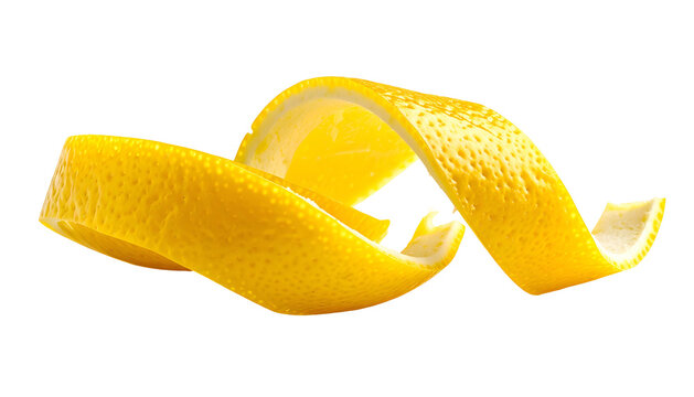 Spiraling yellow lemon peel with a textured surface against black background