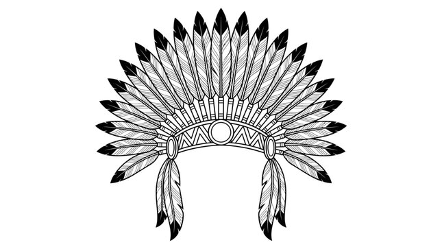 Detailed black and white illustration of a traditional Native American feather headdress.