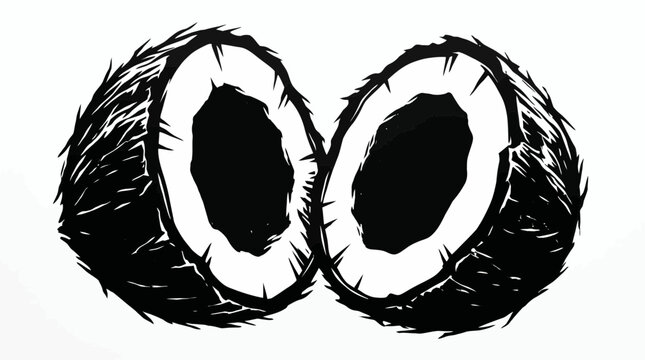 Detailed black and white sketch of two halved coconut shells with textured husks.