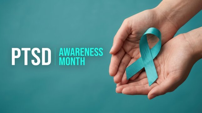 Two hands cupping a teal awareness ribbon against a solid teal background with the text p t s d a w a r e n e s m o n t h written in white and teal sans serif letters