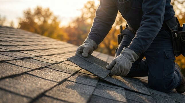 Professional worker inspecting and repairing asphalt shingles on a house roof during maintenance.