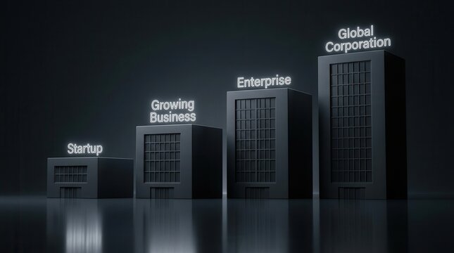 Four building blocks of increasing height represent company size categories for business growth.