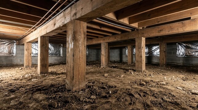 Residential crawl space featuring wooden beams and dirt floor for foundation support