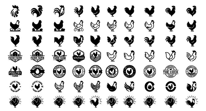 Farm animal logo collection with rooster and chicken emblem design vector set