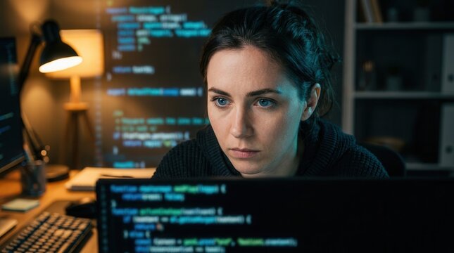 A focused software tester analyzing complex code on a computer screen for precision.