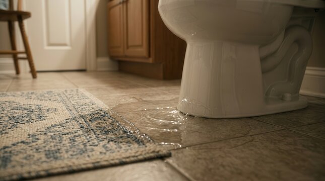 Water leaking from a toilet onto the tiled bathroom floor creating a puddle.