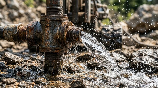 Metal drill bit and pump head discharging clear artesian water during well installation.