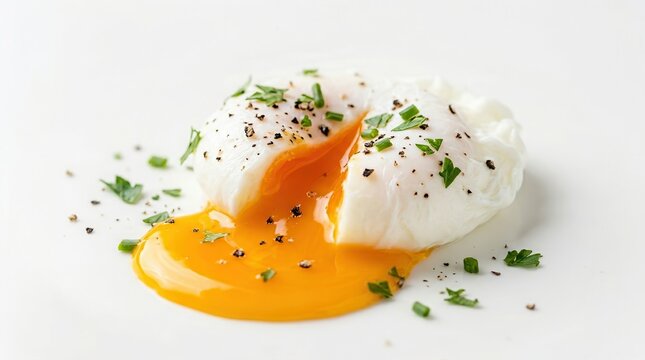 A perfectly poached egg with a runny yolk and herb garnish on a white background.