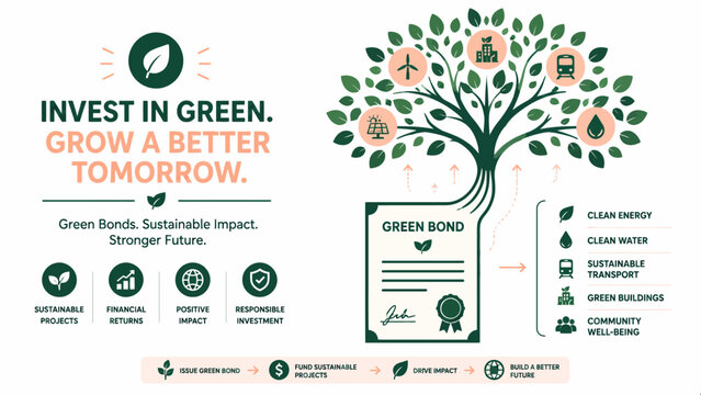 Infographic illustration representing sustainable environmental finance and ecological investment strategies for a cleaner future growth