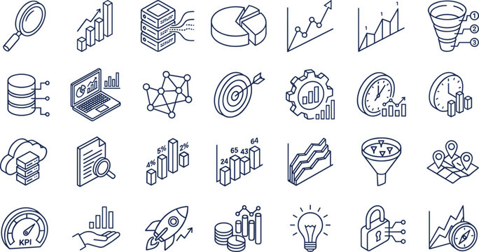 Vector isometric line icon set featuring business data analytics financial charts graphs database storage and marketing funnel symbols.