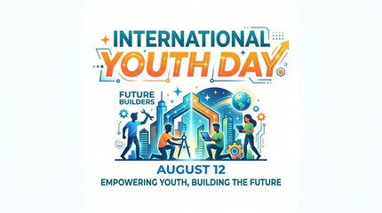 Fototapeta premium International youth day banner with young people building the future with tools and modern technology