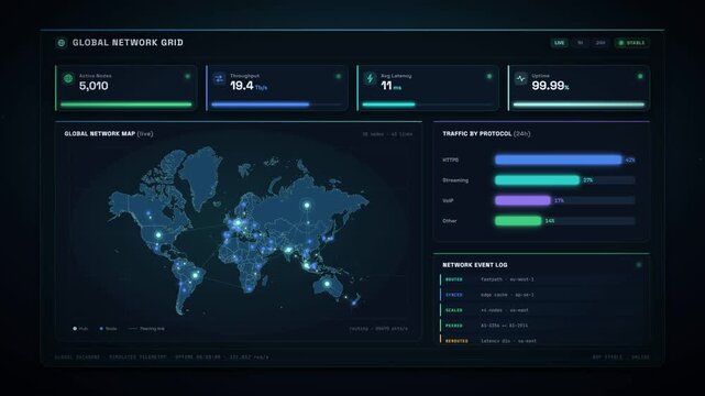 Global network monitoring dashboard with world map and real time traffic data analytics