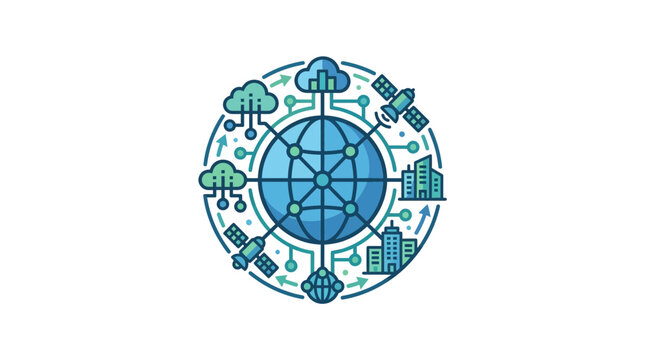 Global Network Connection Technology Concept - Earth, Clouds, Satellites, Buildings