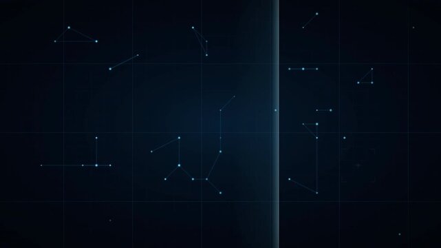 Complex digital grid system with HUD tracking elements appearing over a dark background with bright technological nodes.