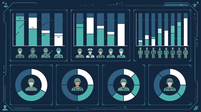 Military Infographic Dashboard Interface with Soldier Personnel Data Comparison Charts