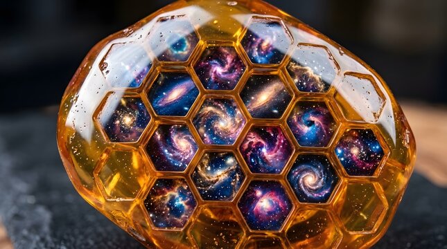 Amber Resin with Hexagonal Cavity Pattern and Translucent Golden Texture