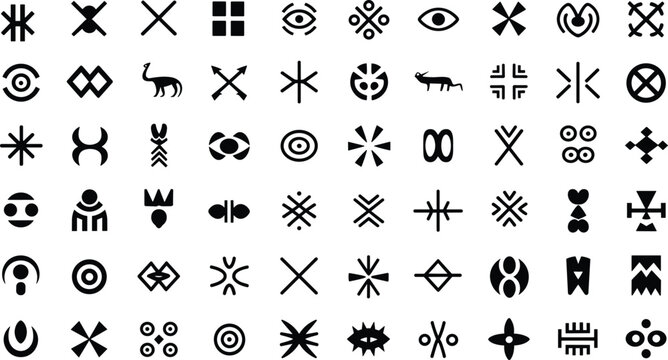 Ancient ethnic tribal symbols and geometric runes vector elements set black silhouettes bundle on white background