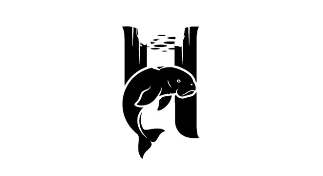 Black and white illustration of a manatee swimming underwater.