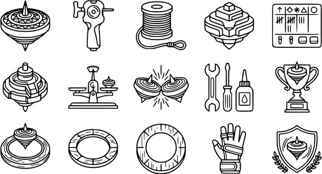 Beyblade Style Spinning Tops Game Line Art Icons Set. Outline Glyphs for Toys, Competition, Launchers, Battle Arena, Trophies, and Hobbies.