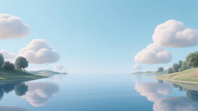空に浮かぶ白い雲が穏やかな水面に反射する広大な風景、自然をテーマにしたイメージ