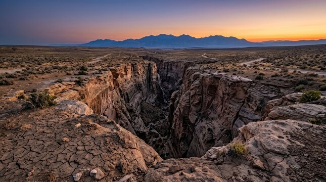 Deep canyon landscape at sunset with rugged rocky cliffs and mountain background