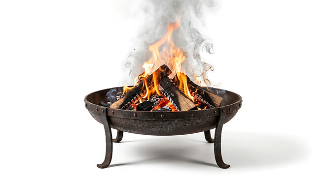 Rustic metal brazier fire vector with burning logs on white backdrop.