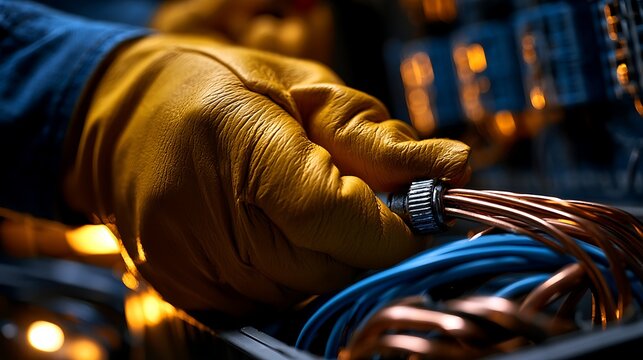 Close-up of electrician hands in yellow insulated gloves connecting copper wires with wire nut inside electrical junction box