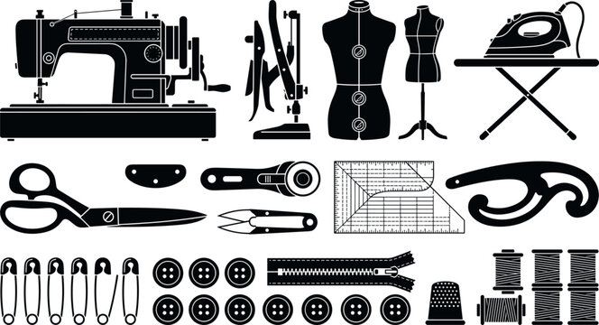 Vector black silhouette icon set featuring professional sewing machines mannequins tailor scissors fabrics threads rulers and garment design tools.