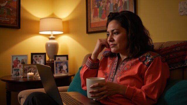 A woman sitting on a couch, thinking with her chin resting on her hand and a cup of coffee in front of her.