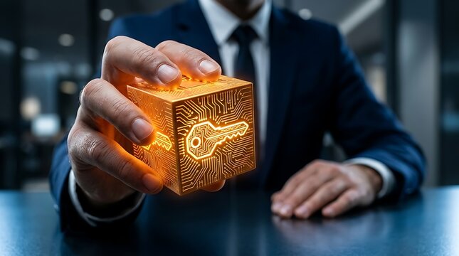 Digital key access cyber security concept with businessman hand holding glowing golden circuit cube symbolizing network data protection