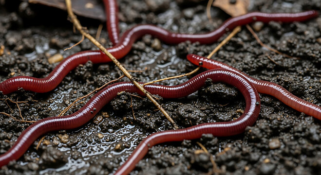 Red wiggler worms on damp soil.