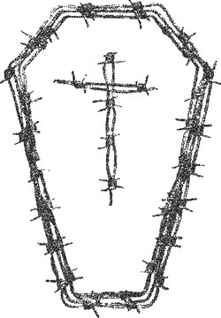 Coffin retro y2k stipple design burial halftone brutalist urban vector png with clear background, grave 2000s photocopy grunge tattoo gen z effect
