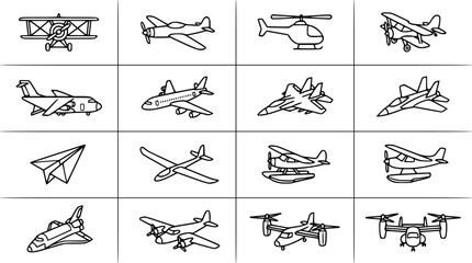 Aviation and Transportation Aircraft Line Art Icons Set. Doodle Style Black  White Outlines of Airplanes, Helicopters, Space Shuttle, and Paper Plane. © amara