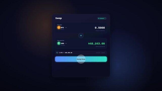 Cryptocurrency swap interface on a dark screen exchanging digital token with secure wallet