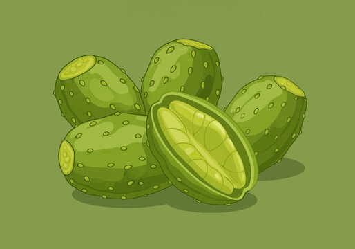Vector illustration of green prickly pear cactus fruits known as nopales or tunas, featuring a group of whole fruits and one sliced in half to show internal pulp and seeds.