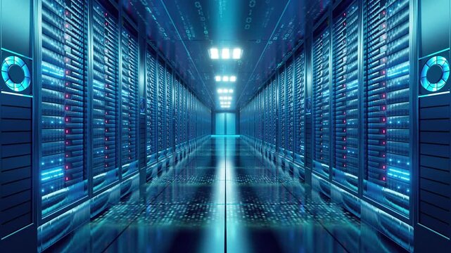 Data storage server room, technology server data storage hardware, A symmetrical data center corridor lined with glowing server racks, illuminated by overhead lights and digital data streams.