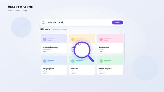 Smart search interface with magnifying glass scanning result card on a website dashboard