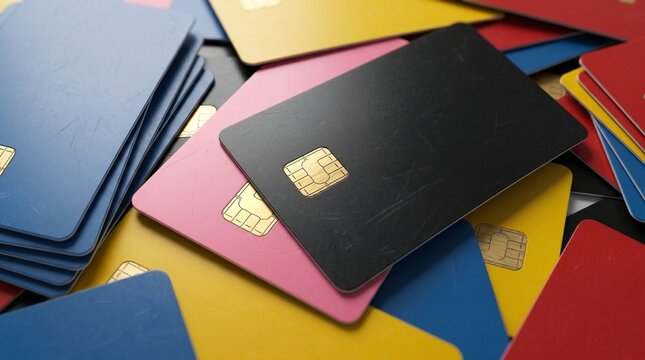 Pile of colorful blank smart cards with EMV microchips for banking or security