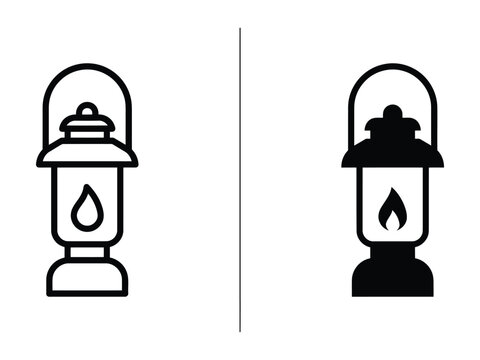 Two black lantern icons with flame and oil drop on transparent background side by side