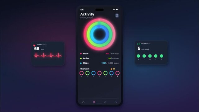 Fitness activity tracker app on a smartphone with workout ring and heart rate monitor