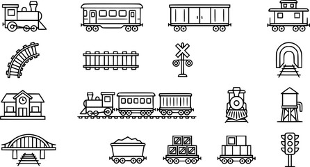 Railway Transportation Outline Icons. Set of Black Line Art Train, Railroad, Locomotive, Station, Track, Tunnel, Bridge, and Cargo Elements Vector. © mahren