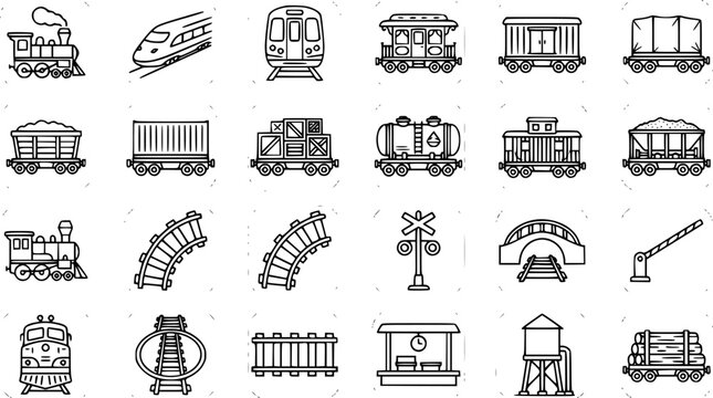 Black  White Line Art Railway Transportation Icons Set. Trains, Wagons, Tracks, Bridge, and Station Elements Outline Graphics