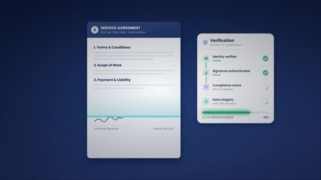 Digital contract verification interface with approved stamp and security compliance checklist