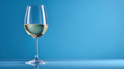 Fototapeta premium formal. Elegant still life of a crystal white wine glass on a blue background. bar promotions, beverage menus, designed for food & beverage menus and cafe branding, used by management consultants.